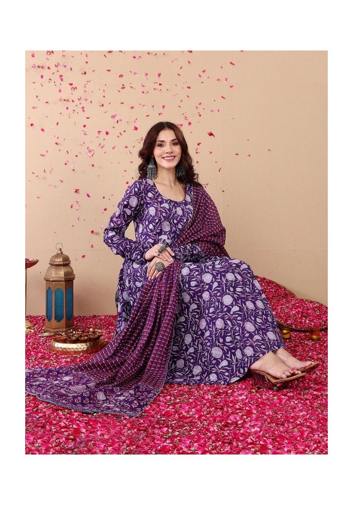 Malishka Export Purple Rayon Printed Anarkali Kurta Pant With Dupatta for Women - Image 4